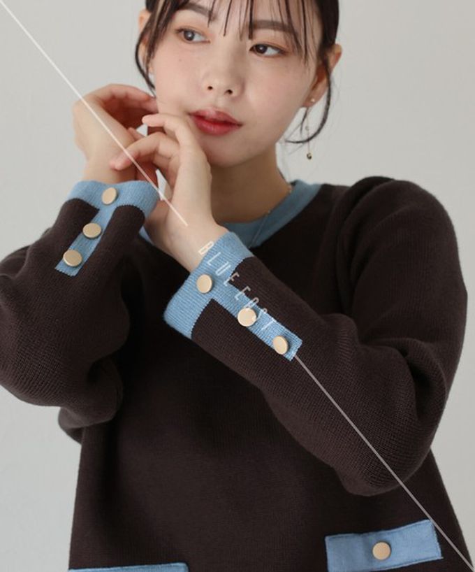 日本 BLUE EAST - 金釦滾邊針織上衣+優雅百摺長裙(2件組)-米x酒紅