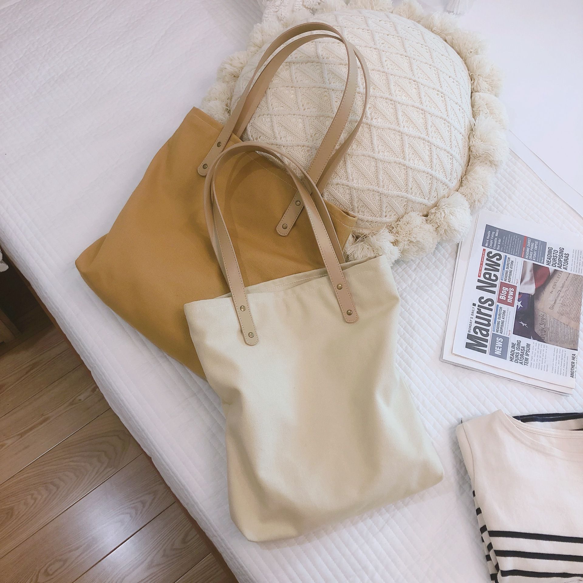 純色帆布單肩包/托特包-杏色 (33x35x7cm)