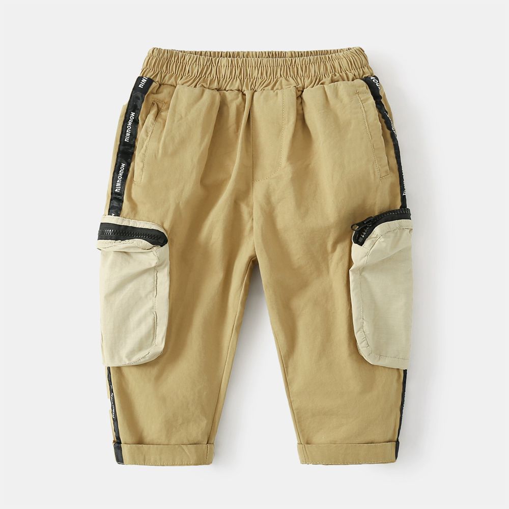 腰鬆緊休閒長褲-立體口袋-卡其