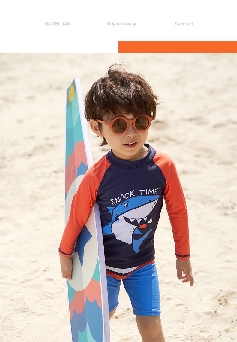 男寶防曬長袖泳裝套裝(附帽子)-鯊魚狩獵-深藍+橘紅