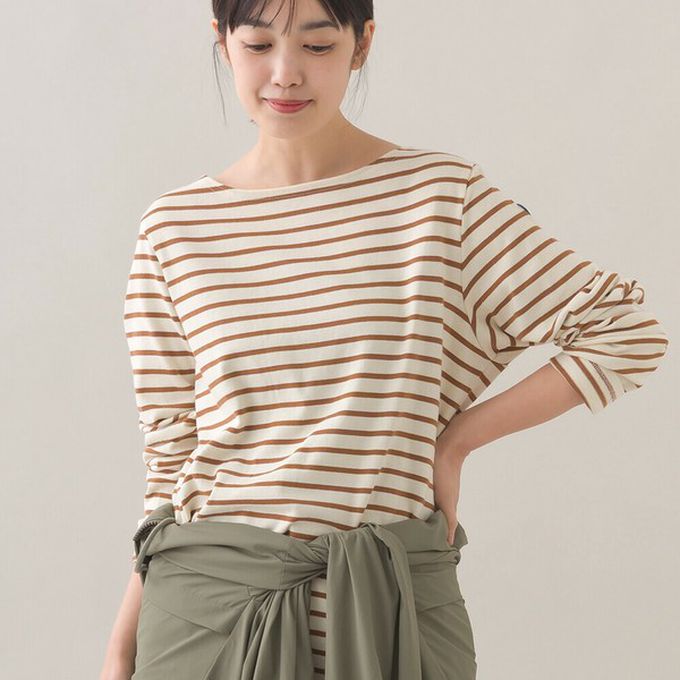 日本 OMNES - [必收款]100%棉 條紋船領長袖上衣-米x黑