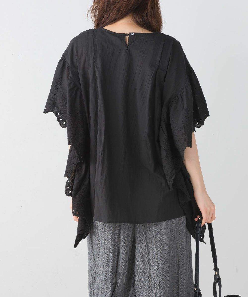 日本女裝代購 - 文藝刺繡大波浪寬鬆短袖上衣-經典黑