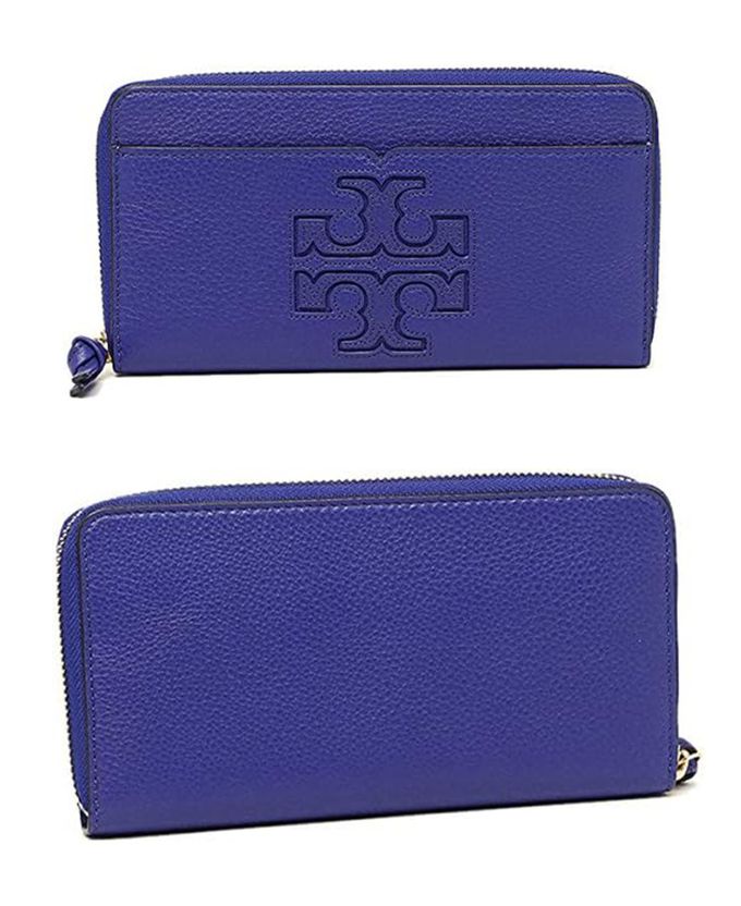 TORY BURCH - 雙T-LOGO皮革拉鍊長夾 (深藍)