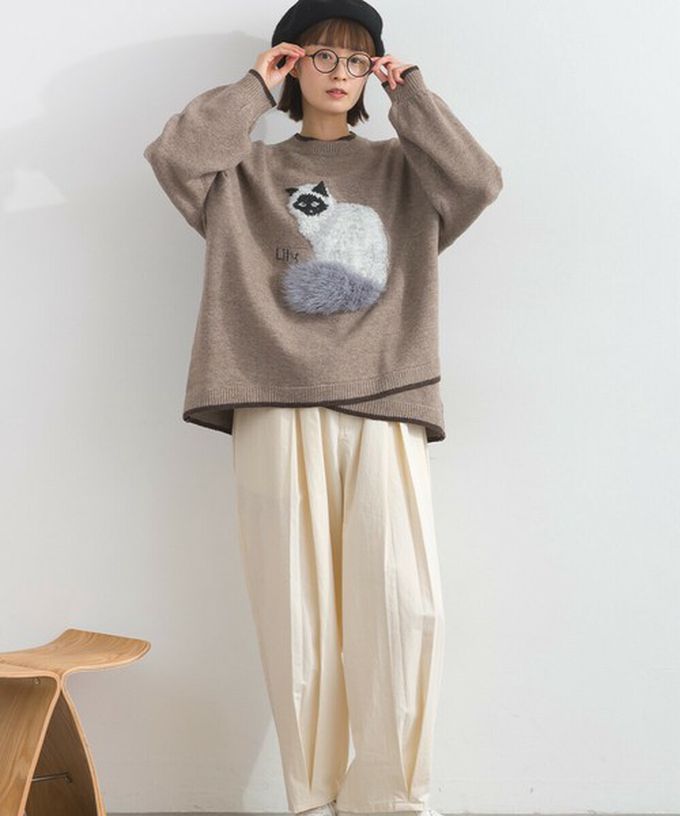 日本 Lupilien - 毛絨尾巴貓咪設計感針織長袖上衣-藍綠