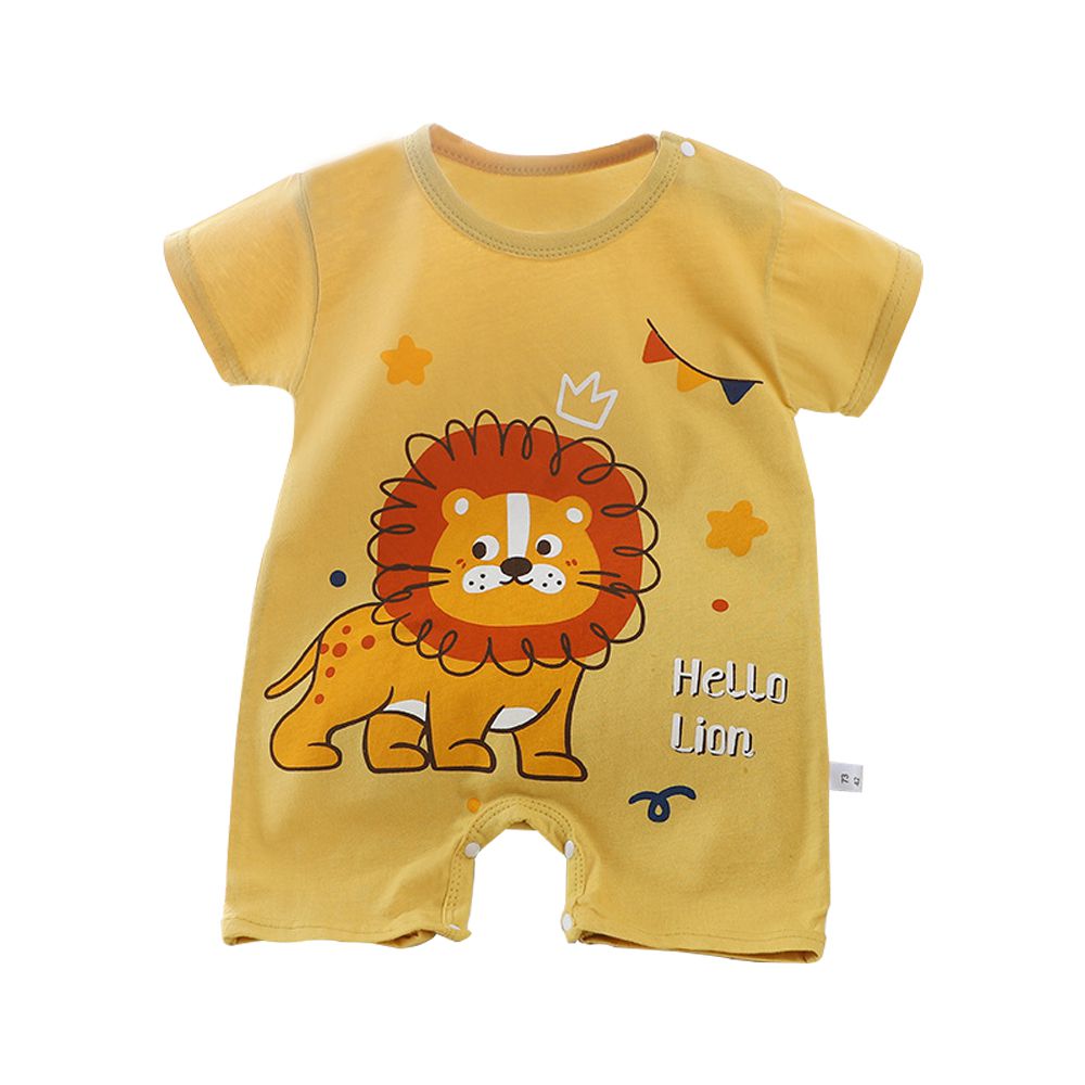短袖包屁衣 薄款夏季連身衣 嬰兒服 短袖童裝 外出包屁衣-黃底獅子