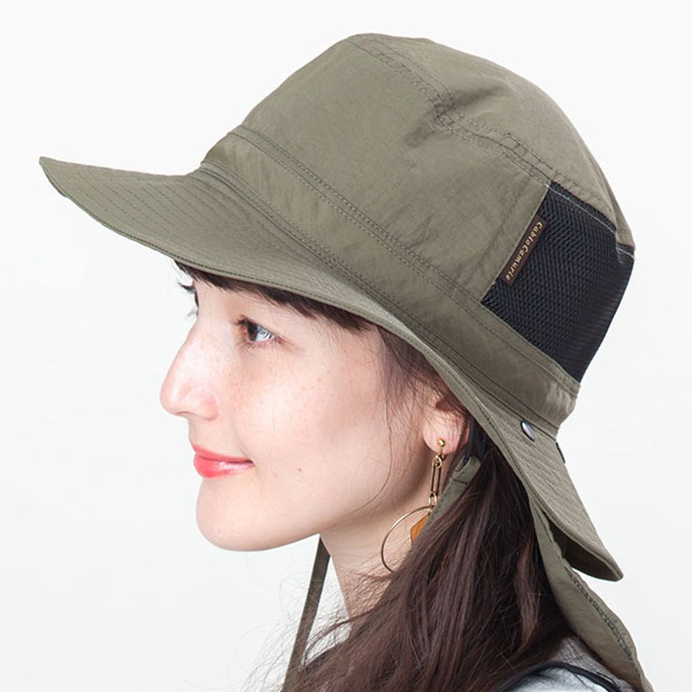 日本 irodori - 抗UV透氣遮陽帽(附防風帽帶/遮頸布)-橄欖綠 (約58cm)