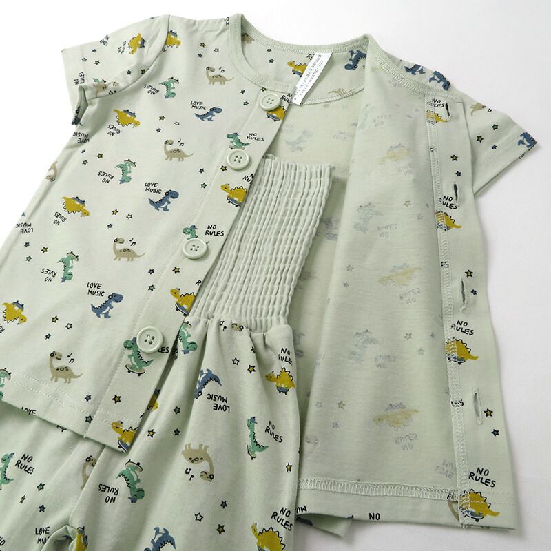 日本 ZOOLAND - 天竺棉鈕扣式腹卷短袖家居服/睡衣-小恐龍-灰綠