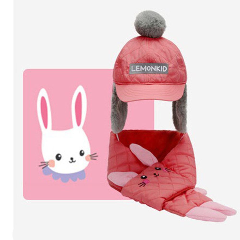 韓國lemonkid - 滑雪帽子圍巾二件套(圍巾+帽子)-粉色兔子