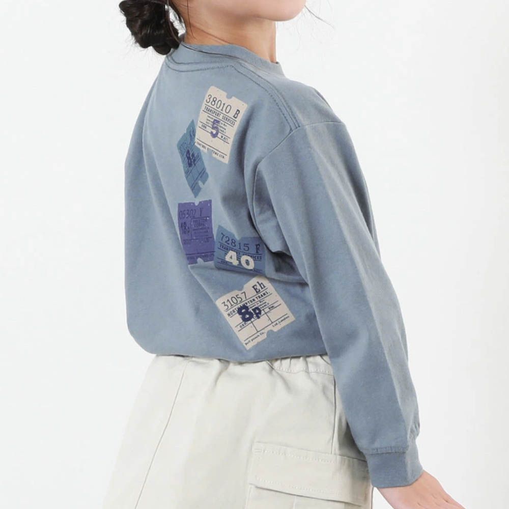 100%棉 定番印花長袖上衣-背後標籤-灰藍