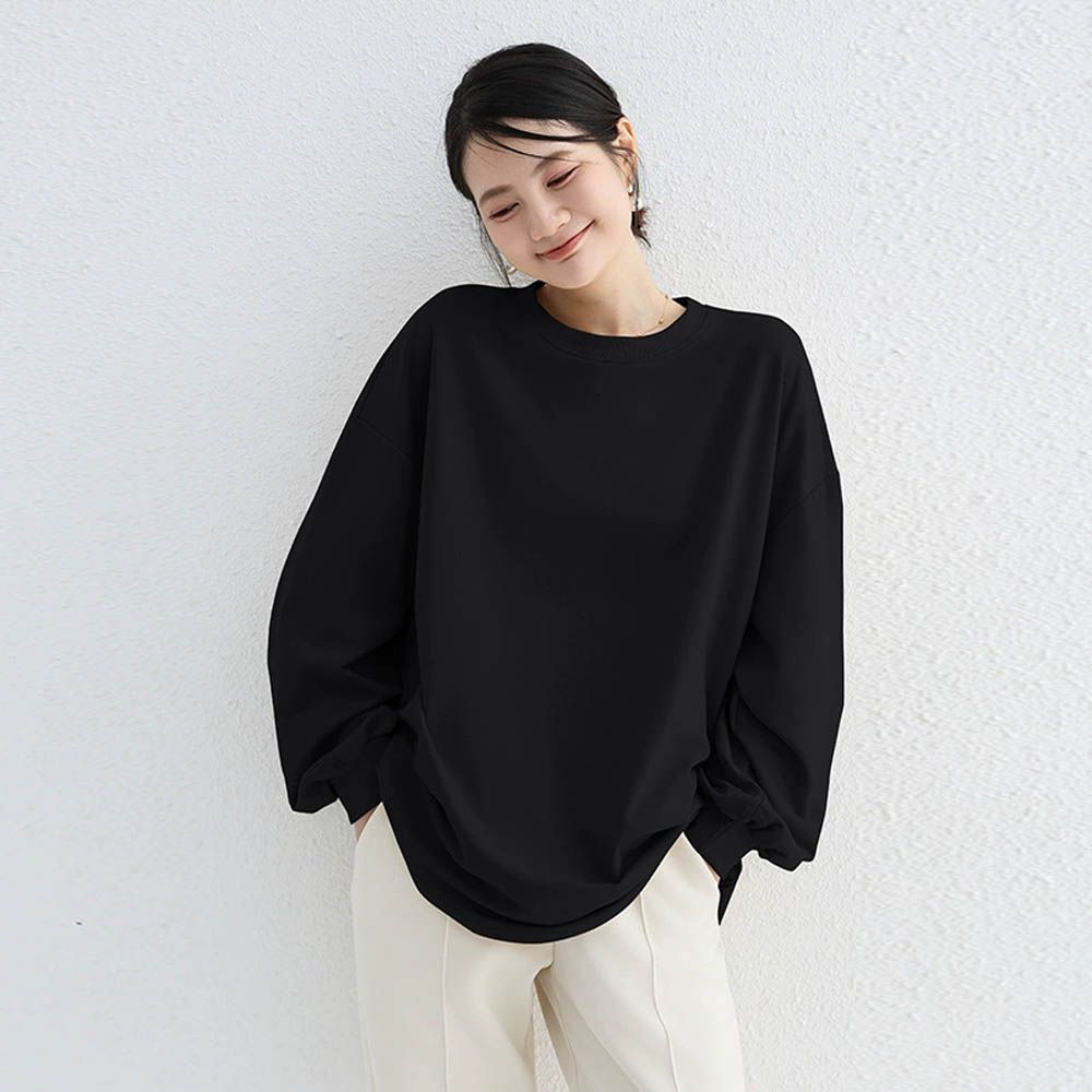 簡約休閒圓領落肩長袖上衣-黑色