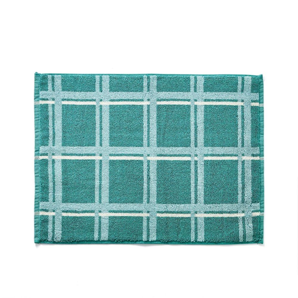 日本千趣會 - 純棉吸水毛巾腳踏墊兩件組-細格紋-綠 (45x60cm)