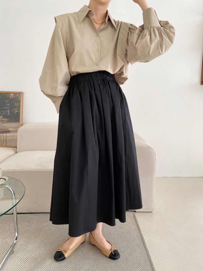 韓國女裝連線 - 寬鬆緊帶顯瘦修臀打褶圓裙-黑 (FREE)