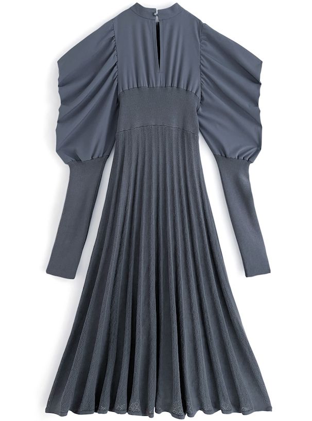 日本 GRL - 燭光晚餐優雅羊腿袖洋裝-深海藍