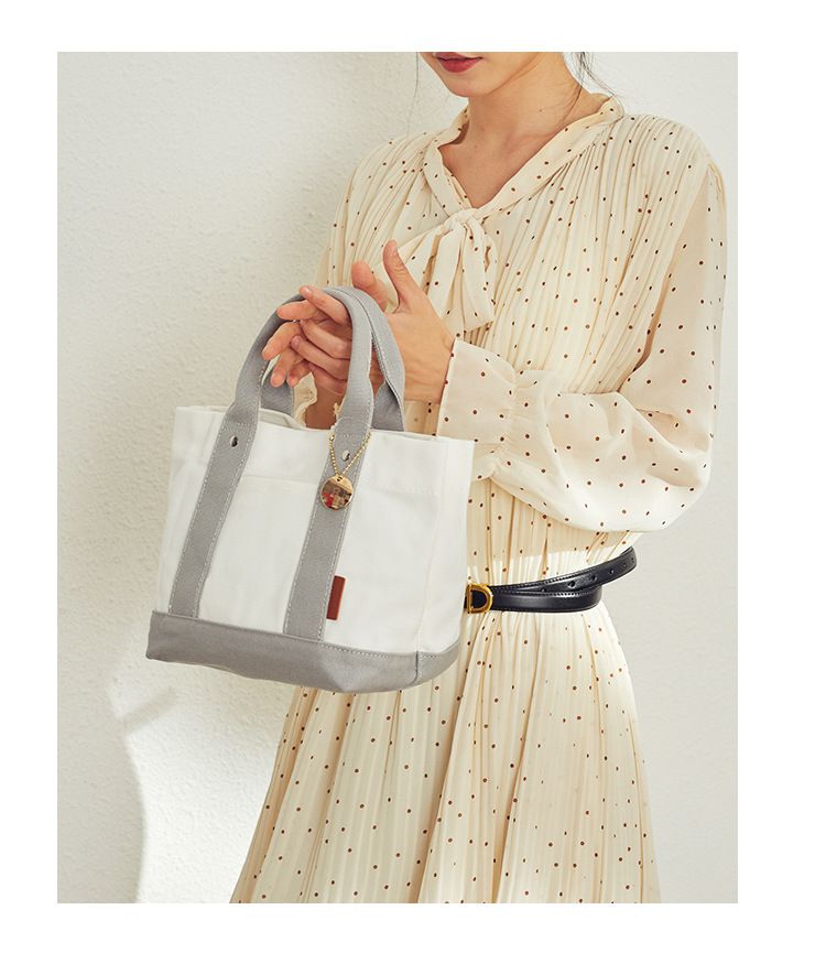 加厚大容量帆布手提包/便當袋-夾層可拆-白+深藍 (20.5x15x21.5cm)