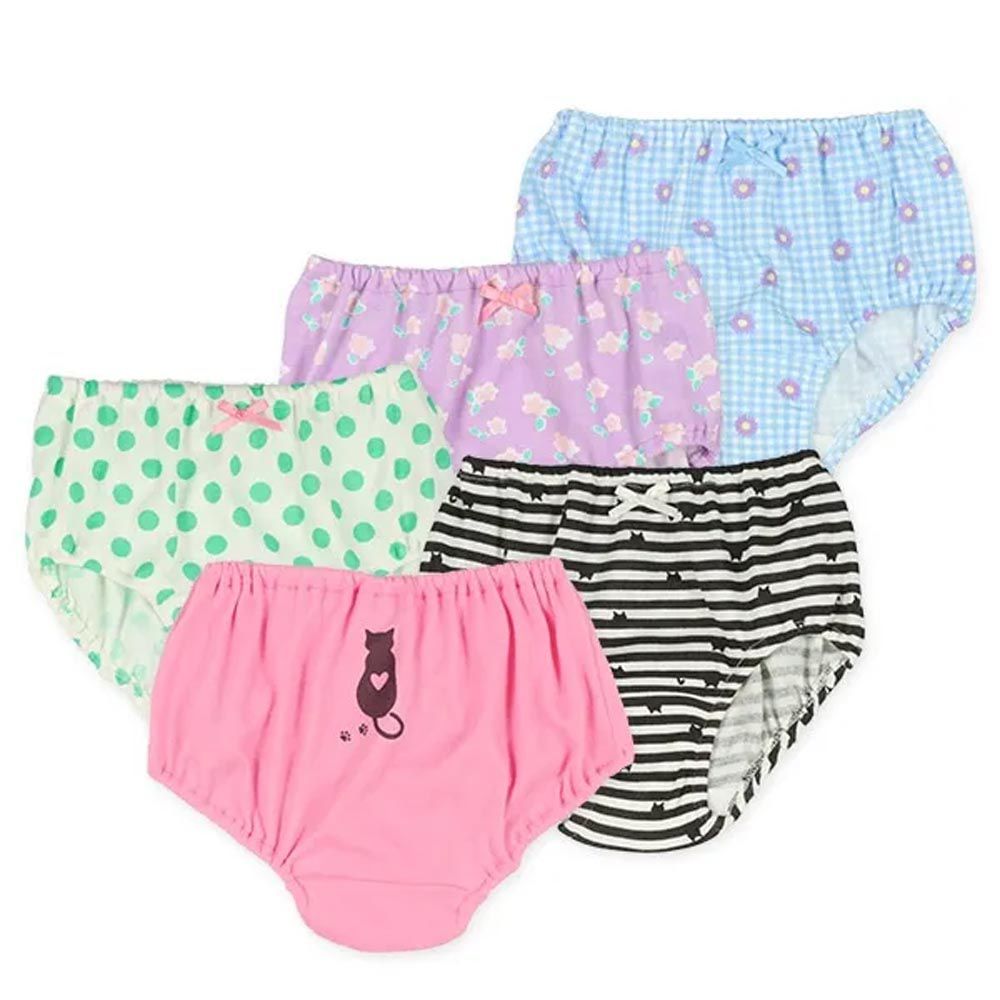 日本西松屋 - 混棉女孩內褲(5件組)-貓咪小花圓點-粉綠藍黑