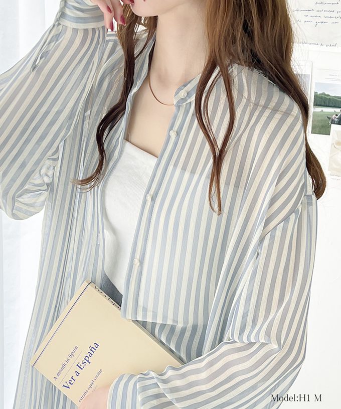 日本 Classical Elf - 透膚優雅休閒條紋寬版襯衫-黑米系