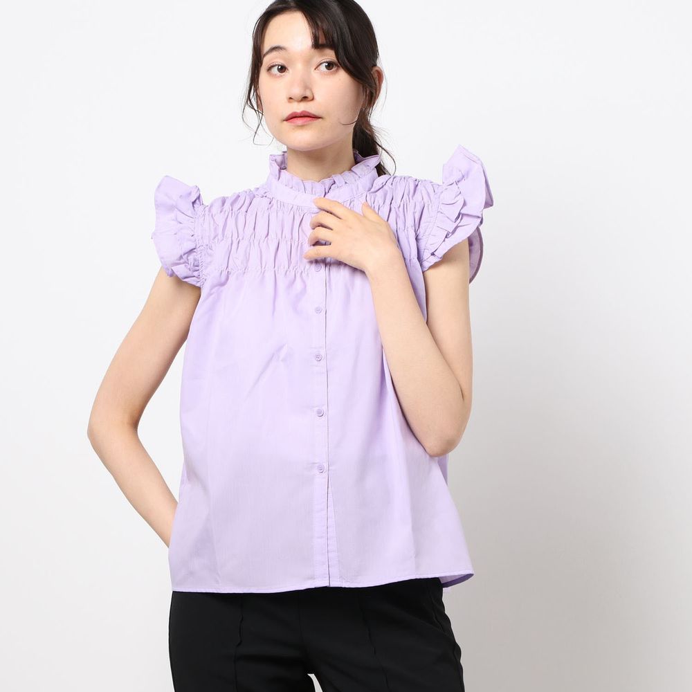 日本 Riche Glamour - 優雅抓皺飛飛袖無袖襯衫-紫