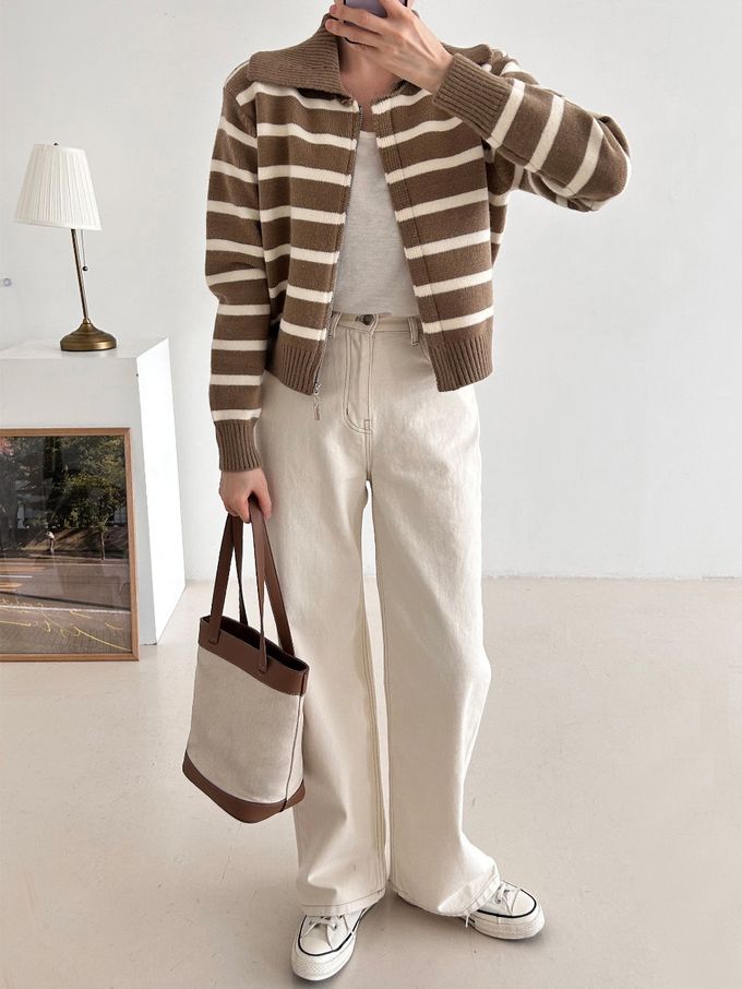 韓國女裝連線 - 溫柔條紋翻領拉鍊針織外套-摩卡咖 (FREE)