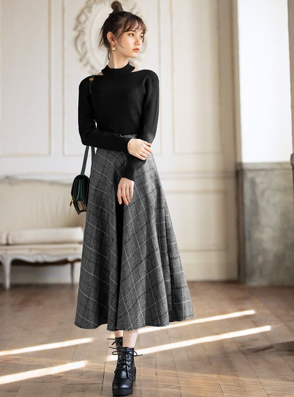 日本 GRL - 學院風格紋顯瘦傘裙/長裙(附皮帶)-深灰 (M)