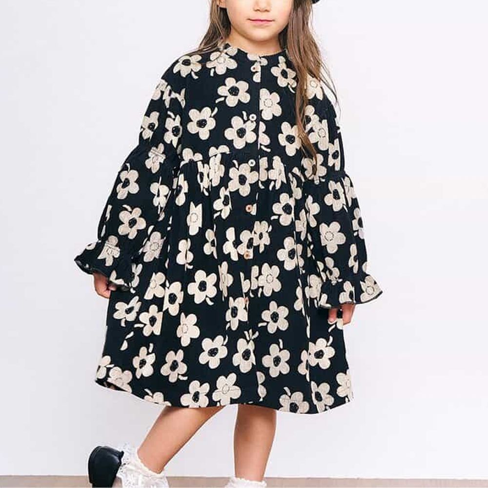 可愛花苞袖鈕扣長袖洋裝-花朵-炭灰