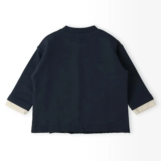 日本 ZOOLAND - 丹寧風小熊裏毛長袖上衣-品牌好朋友-海軍藍x黑