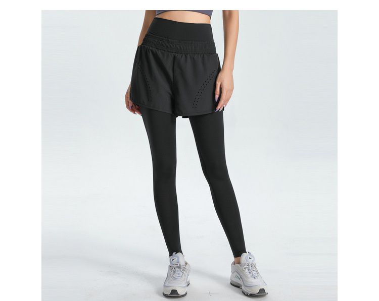 大碼高腰收腹假兩件防走光瑜珈褲-黑色