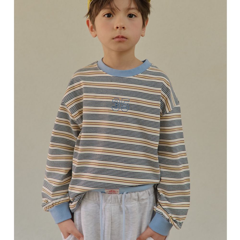 HIKIKI 休閒拼色細條紋長袖上衣-數字35-米白