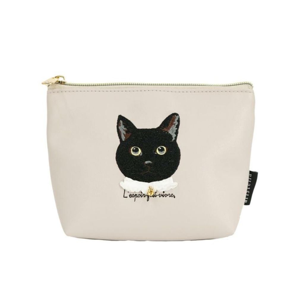 療癒系動物刺繡化妝包/收納小包-黑貓-杏 (H12.5×W13~17×D6)