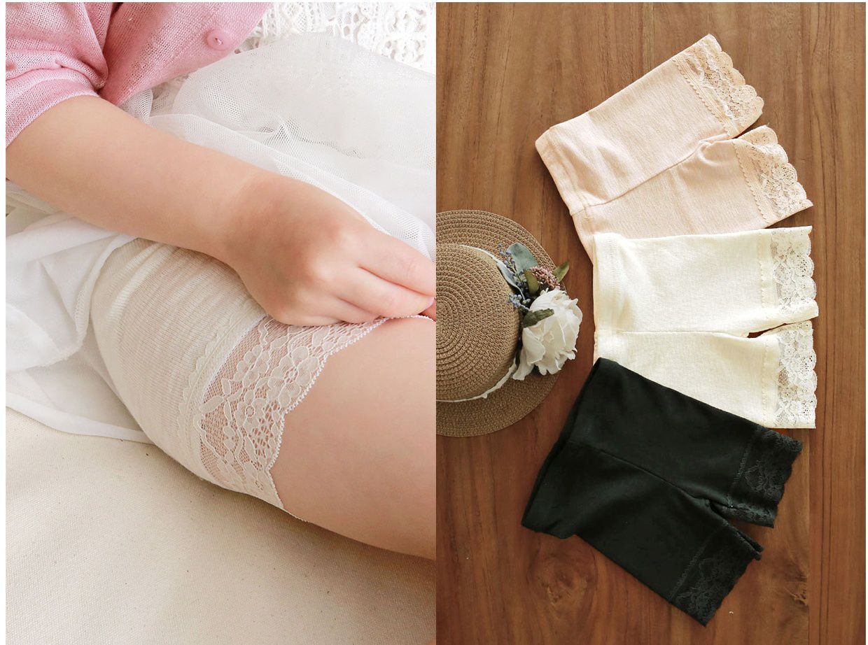 韓國 PuellaFLO - 蕾絲雕花5分內搭褲/安全褲-粉膚