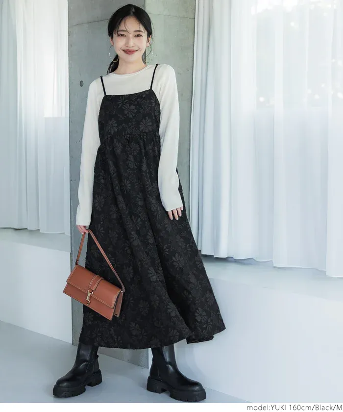 日本 COCA - 浪漫緹花平口吊帶裙-黑