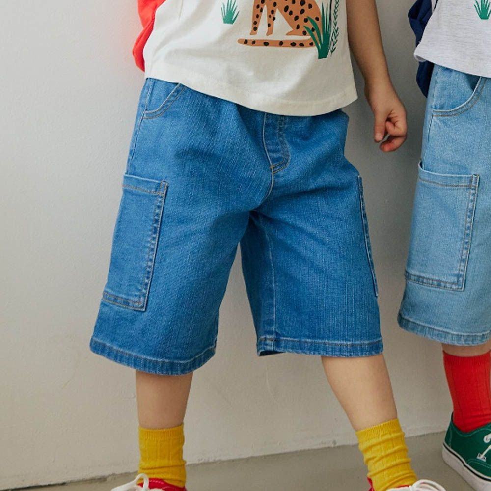 鬆緊腰塗鴉字口袋牛仔過膝褲-中青