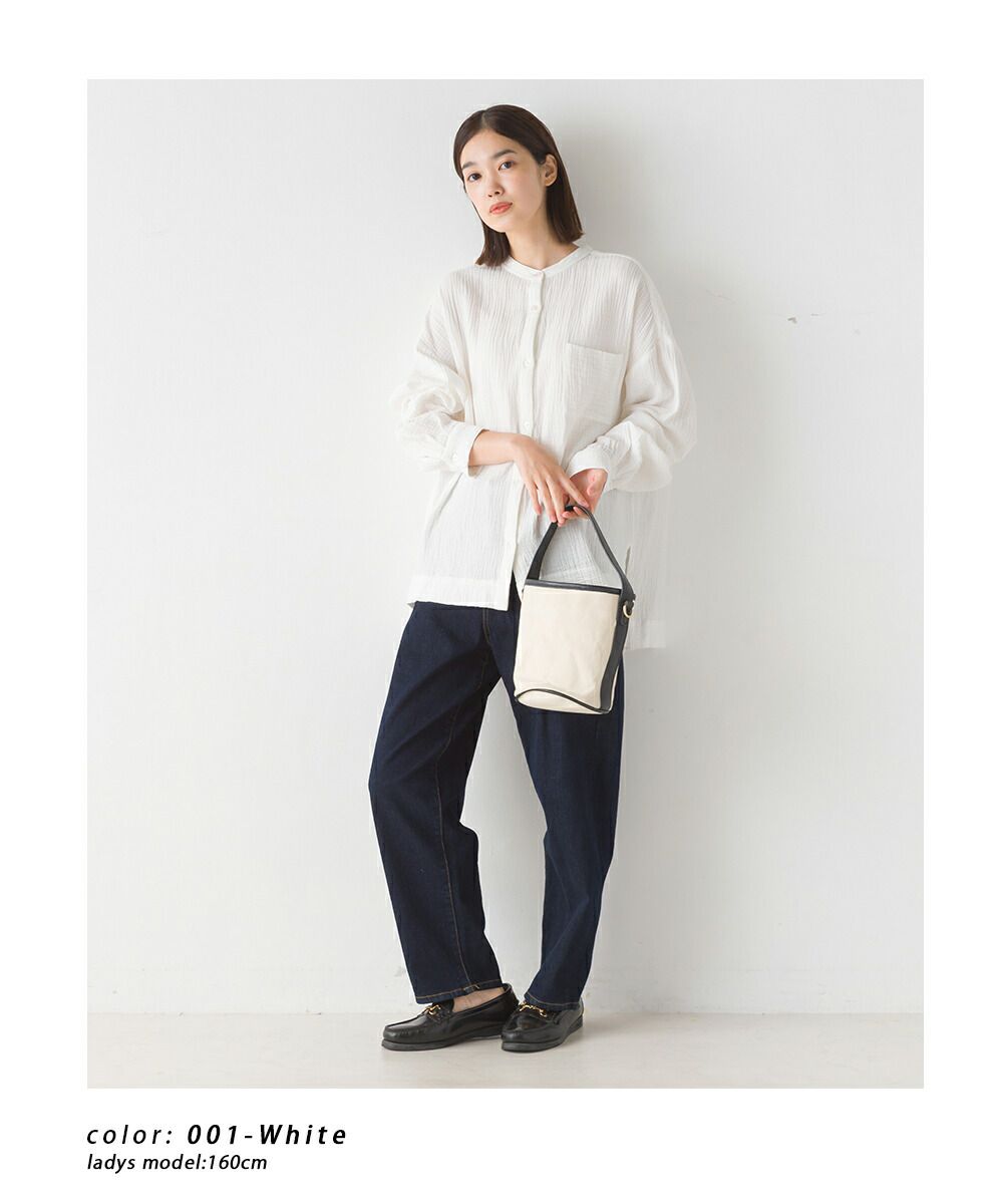 日本 OMNES - 圓領質感二重紗長袖襯衫-白