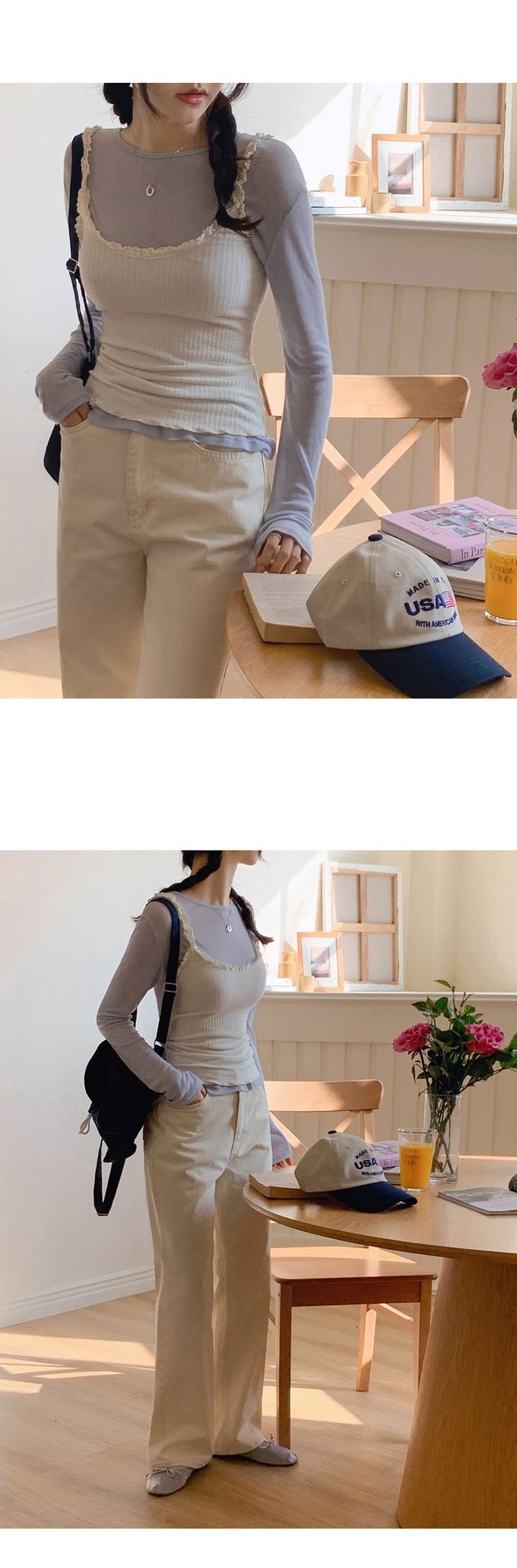 韓國女裝代購 - 換季必備！極簡薄透長袖上衣-灰藍 (FREE)