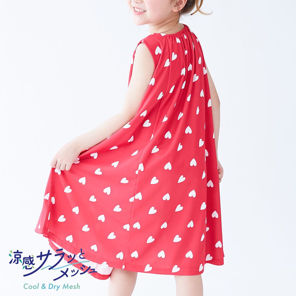 涼感速乾網眼 可愛印花無袖洋裝-愛心-紅
