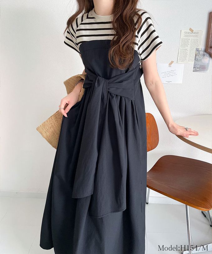 日本 Classical Elf - 綁帶2way清爽拼接感短袖洋裝-條紋x黑