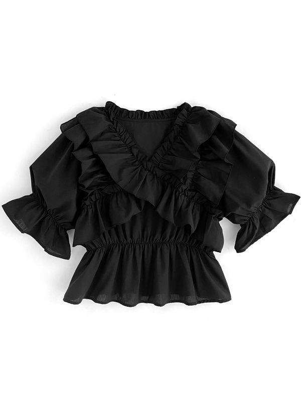 日本 GRL - 華麗荷葉邊層次短袖上衣-白 (F)