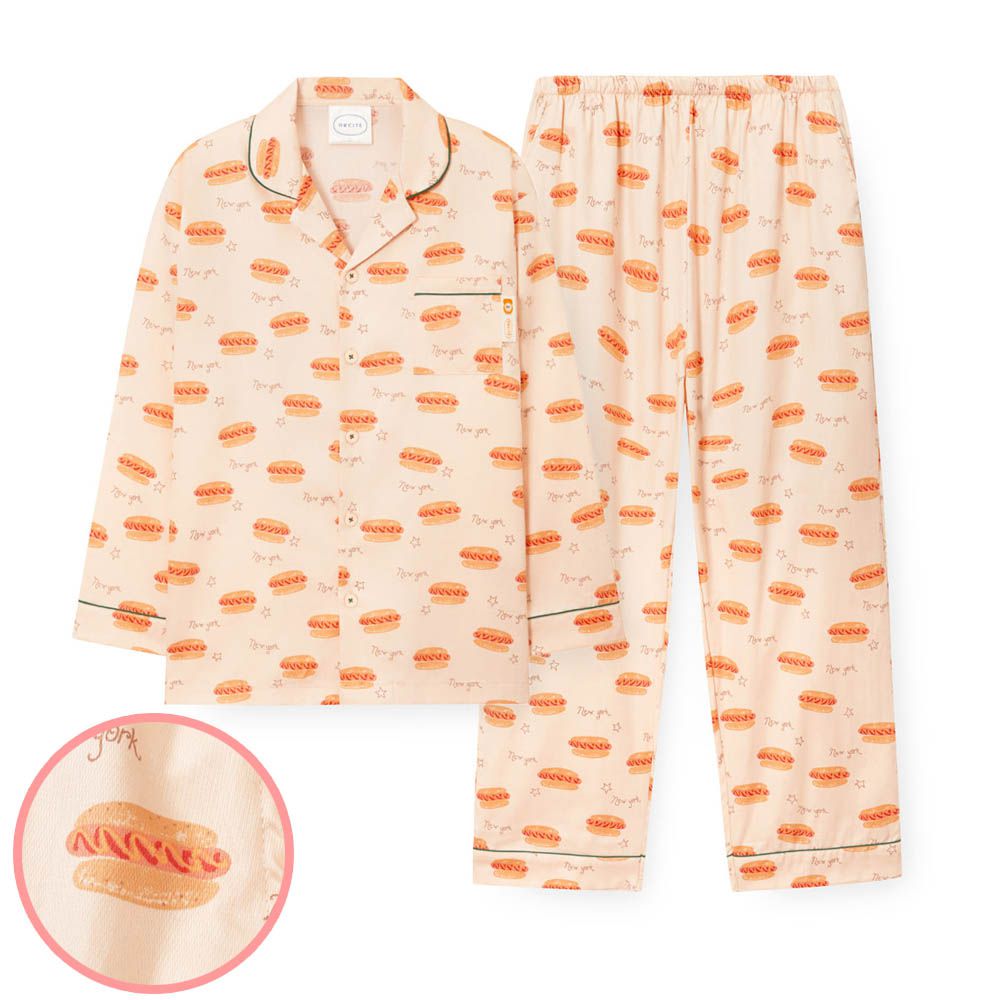 (爸爸)透氣輕柔棉翻領長袖睡衣套裝-紐約熱狗堡-杏膚
