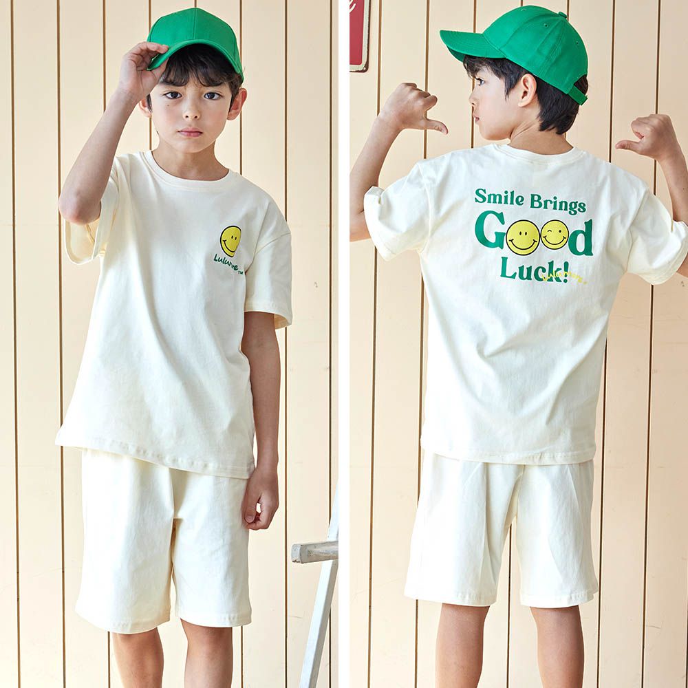 舒適純棉短袖套裝-黃笑臉-米黃