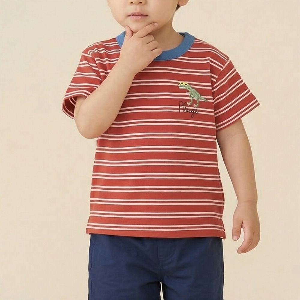 100%棉 可愛百搭短袖上衣-條紋恐龍-紅