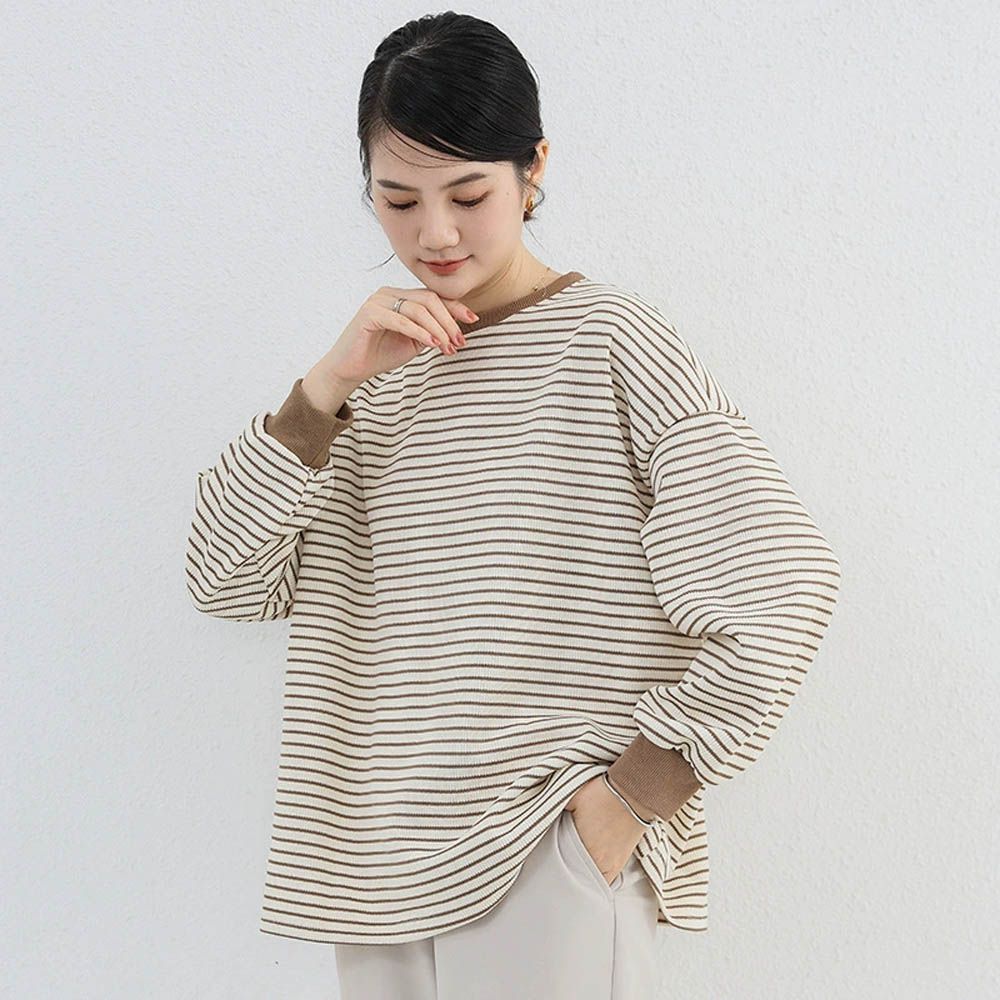 抗皺落肩針織感長袖上衣-拼色款-卡其條紋 (F)