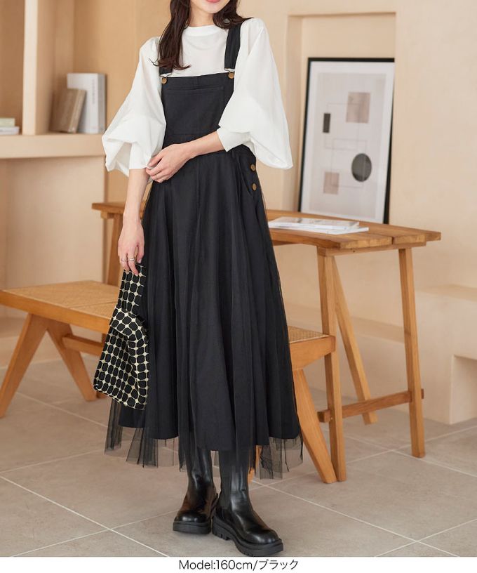 日本 Kobe Lettuce - 工裝風薄紗拼接牛仔吊帶洋裝-靛藍