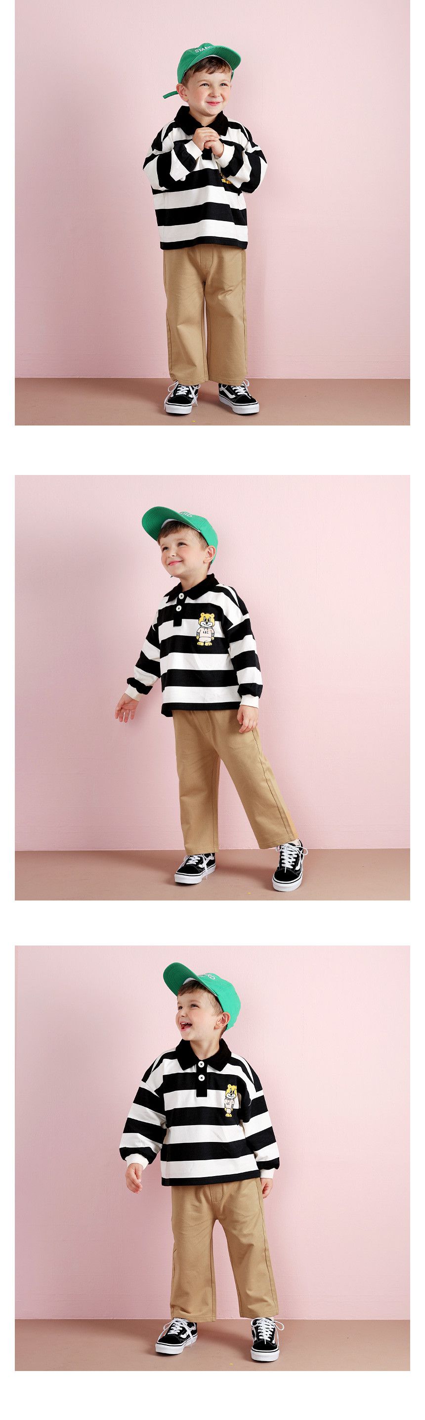 韓國 WALTON kids - 熊印寬橫紋長袖套裝