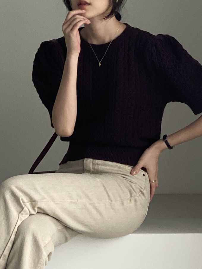 韓國女裝連線 - 麻花辮編織五分袖針織上衣-咖啡紅 (FREE)