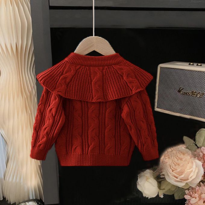 love, charlotte - 歐美系大翻領紅毛線編織仿珍珠釦上衣-紅色