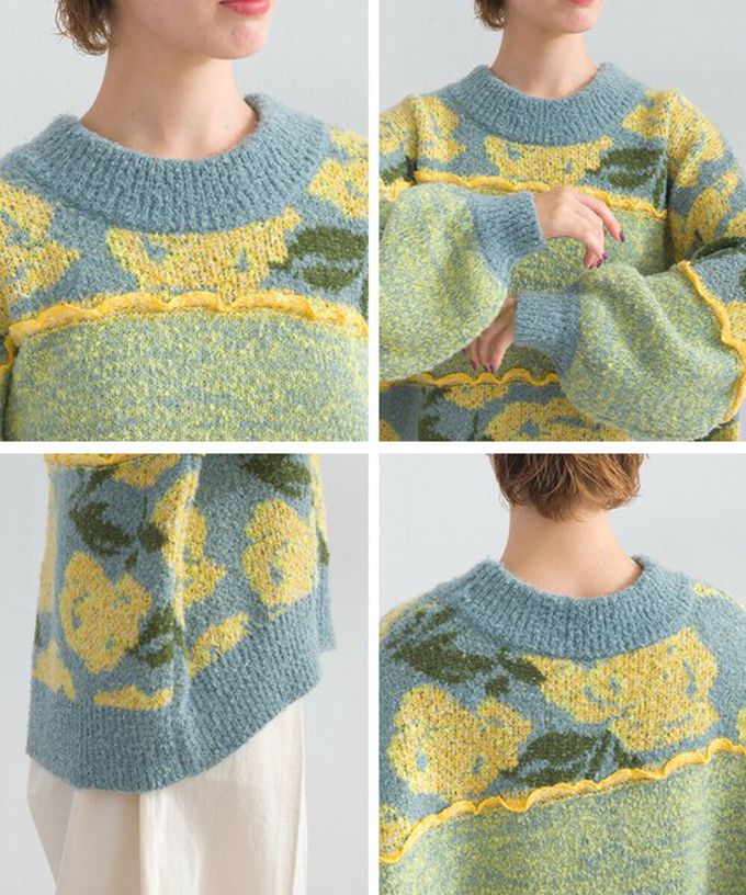 日本 Lupilien - 毛茸感華麗大花朵針織上衣-藍x淺黃