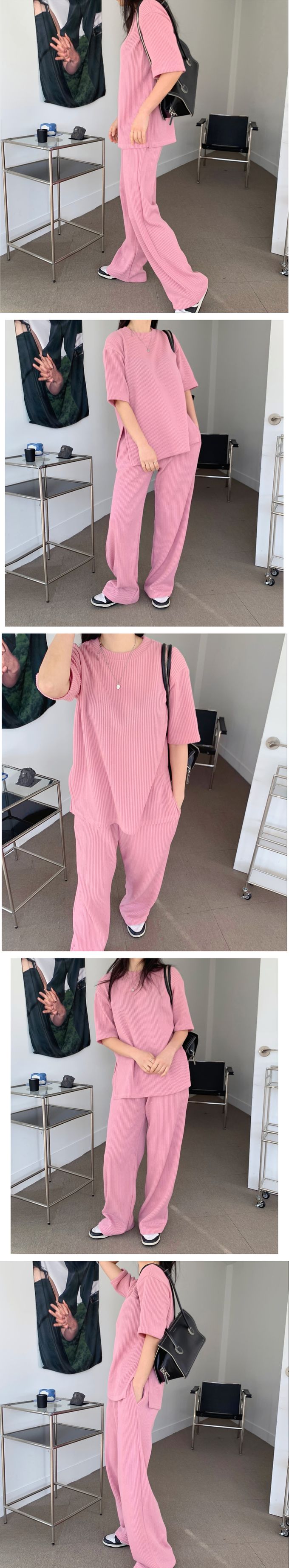 韓國 LANDING - (現省50元)簡約直線羅紋套裝-桃粉 (FREE)