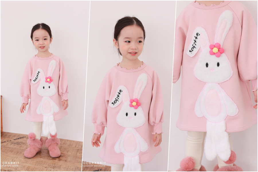 韓國 Coco rabbit - 裝飾毛絨白兔連身洋裝-粉