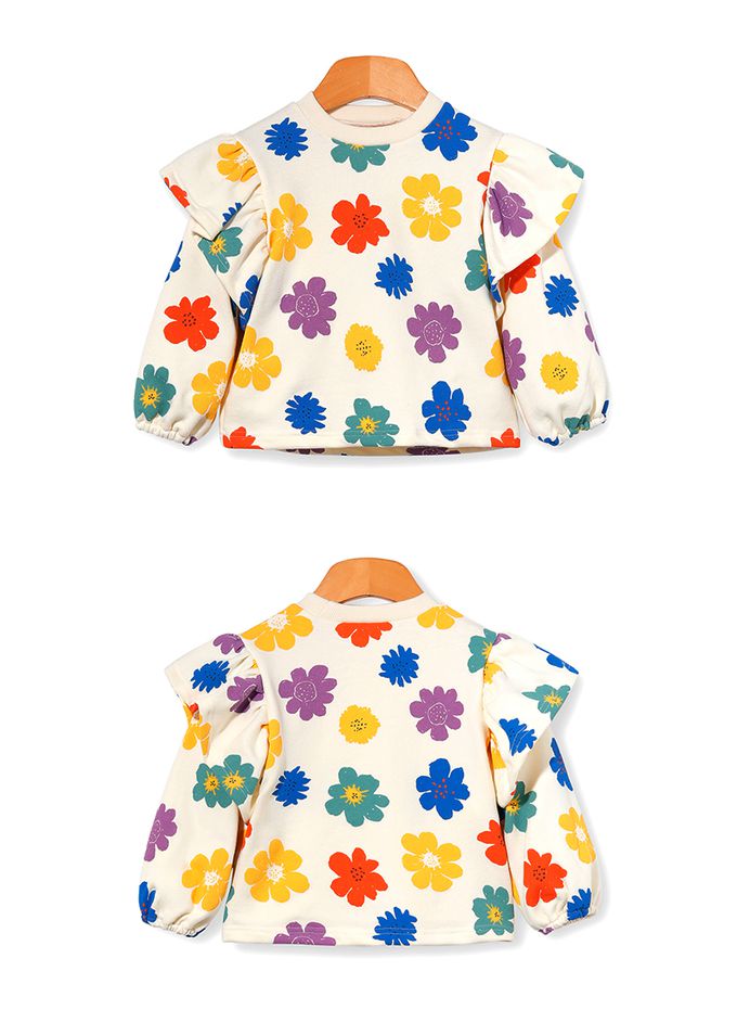 韓國 OZKIZ - 滿版燦爛彩花印長袖套裝-奶油