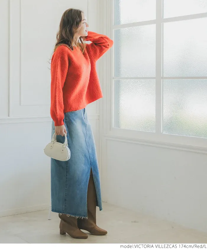 日本 COCA - 溫柔毛絨感圓領長袖針織上衣-橘紅