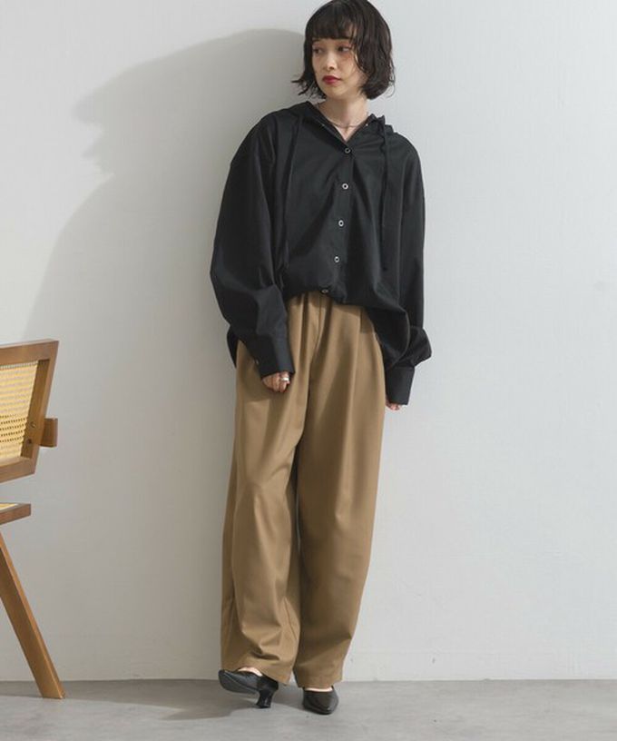 日本 ELENCARE DUE - 復古風磨毛寬版連帽長袖襯衫-黑